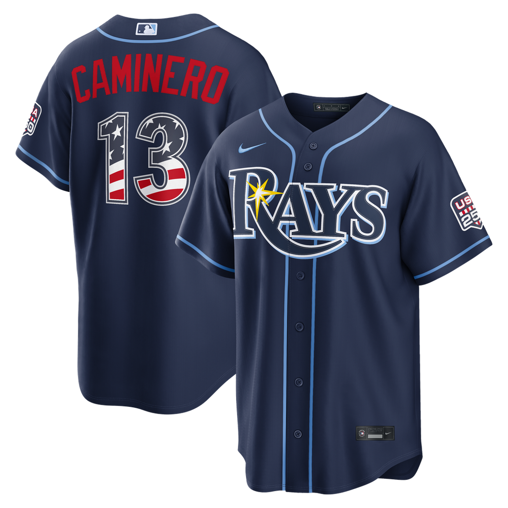 Tampa Bay Rays Junior Caminero Nike USA 250 Fourth of July Road Stadium Jersey - Navy