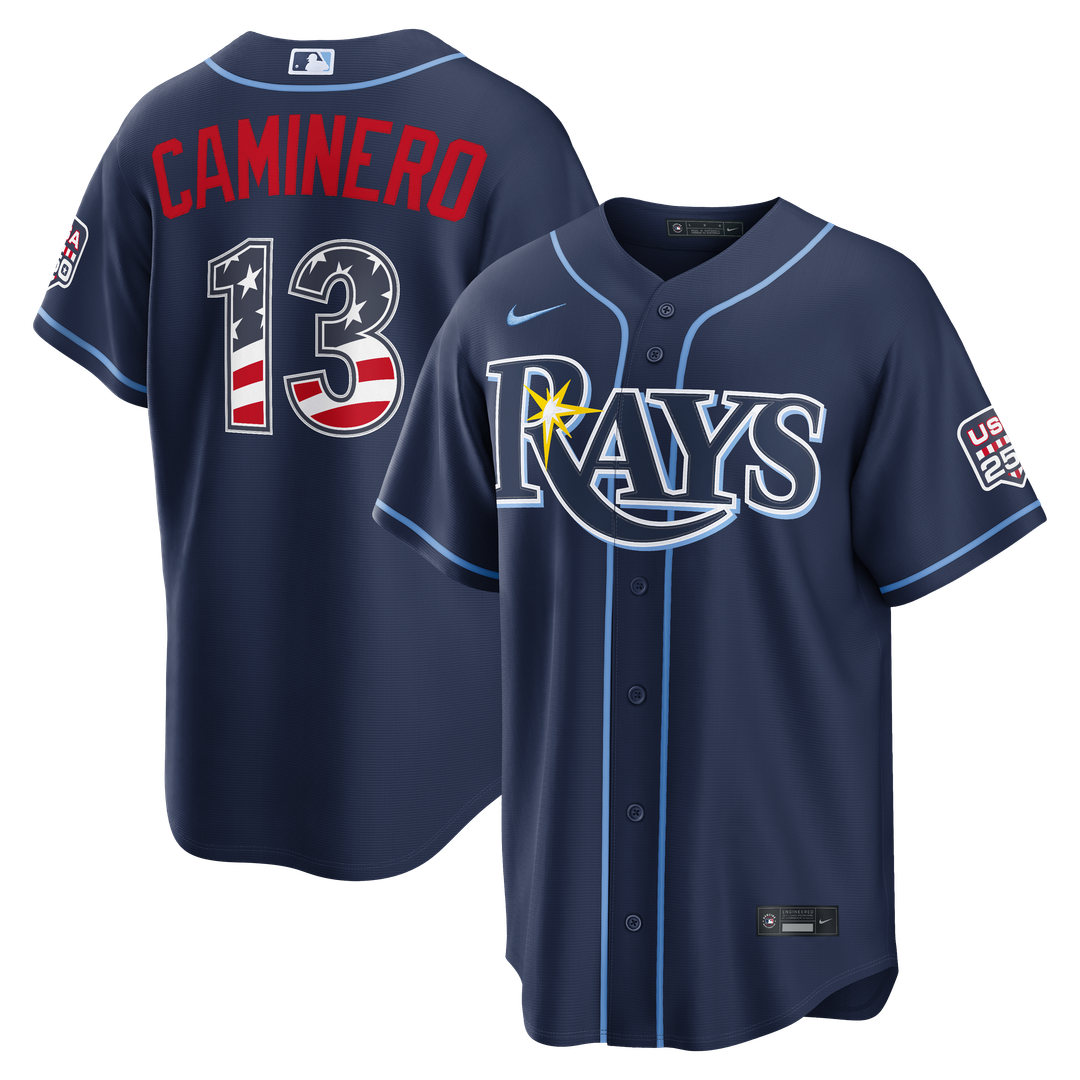 Tampa Bay Rays Junior Caminero Nike USA 250 Fourth of July Road Stadium Jersey - Navy