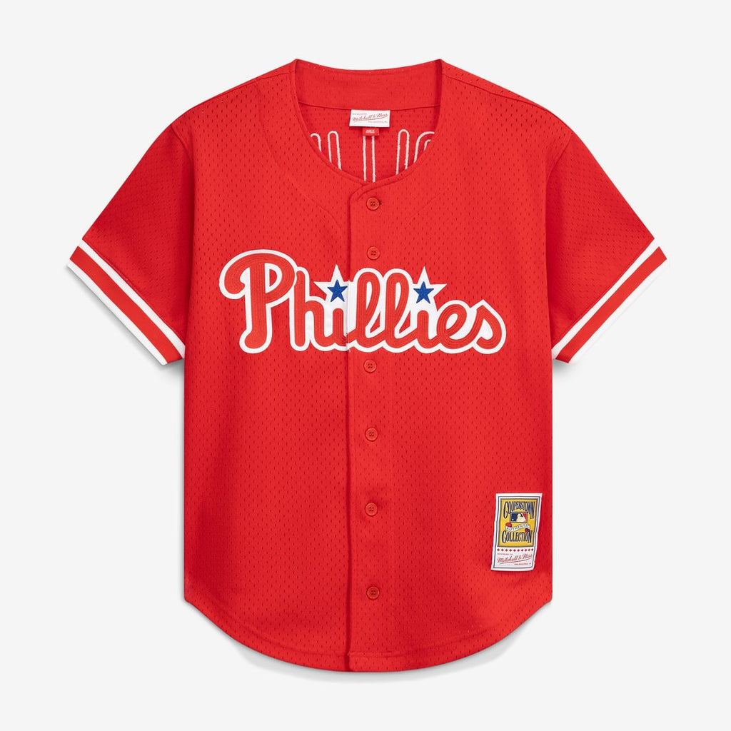 Philadelphia Phillies Jimmy Rollins Mitchell & Ness Cooperstown Mesh Batting Practice Button - Up Jersey - Red