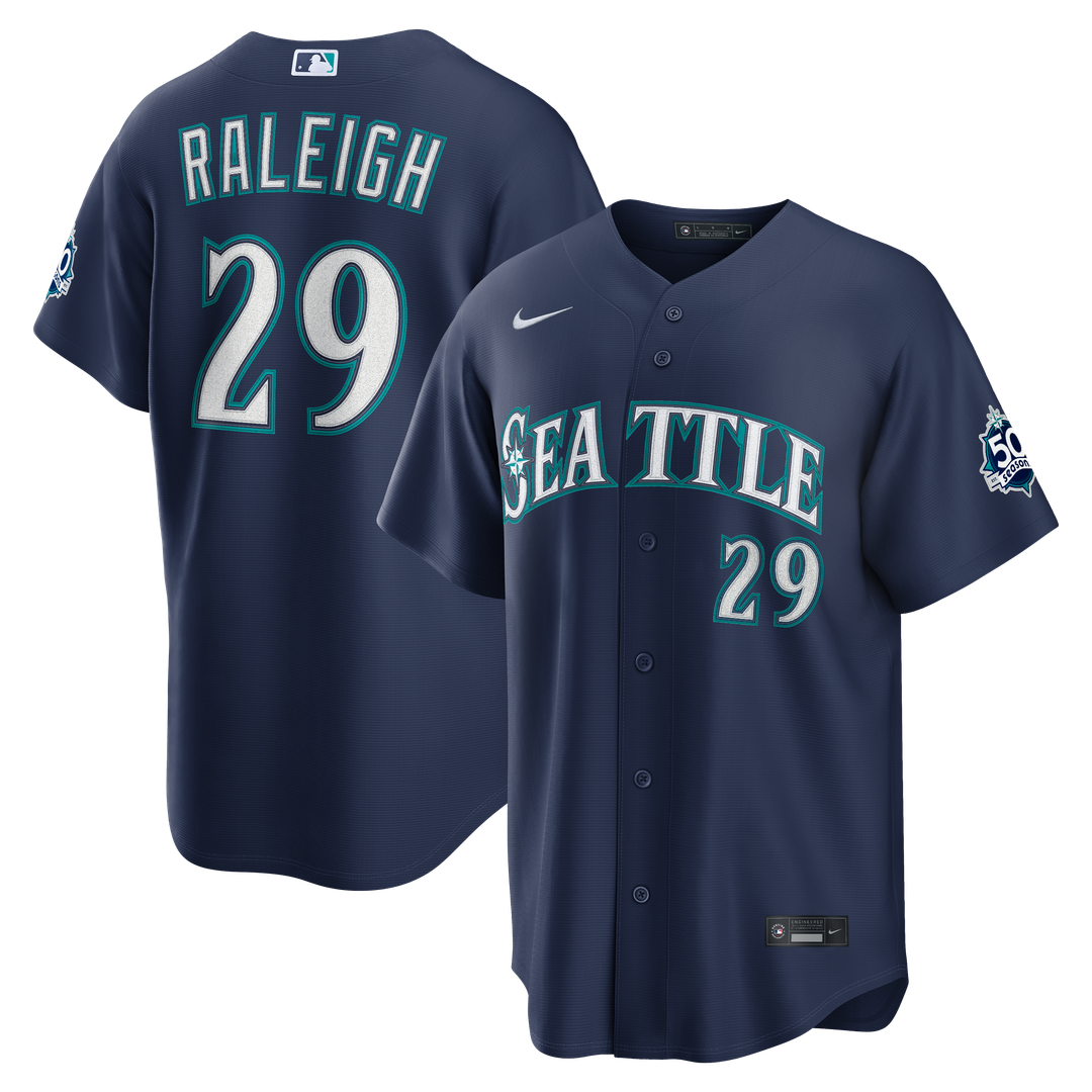 Seattle Mariners Cal Raleigh Nike Road Stadium 50th Season Patch Jersey - Navy