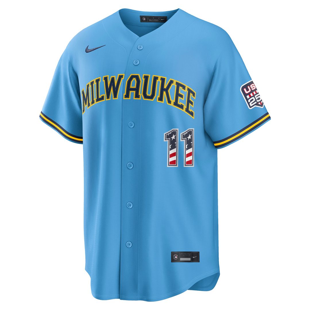 Milwaukee Brewers Jackson Chourio Nike USA 250 Fourth of July Road Stadium Jersey - Light Blue