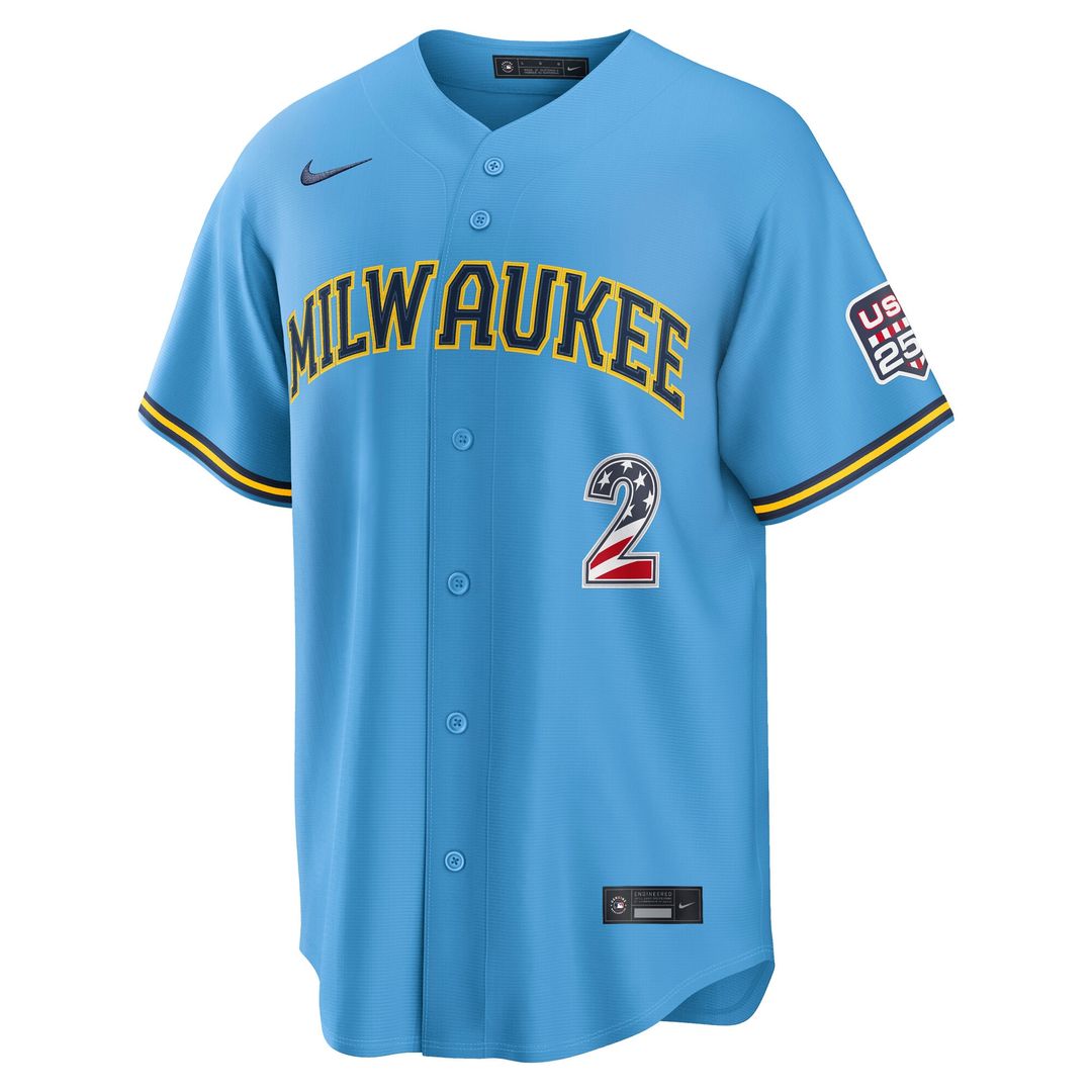 Milwaukee Brewers Brice Turang Nike USA 250 Fourth of July Road Stadium Jersey - Light Blue