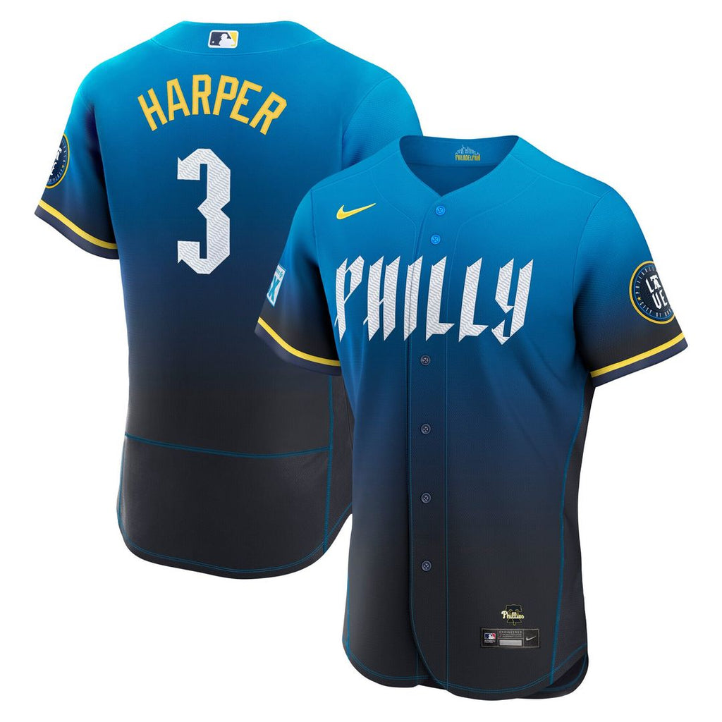 Philadelphia Phillies Bryce Harper Nike City Connect Authentic Sponsor Patch Jersey - Blue