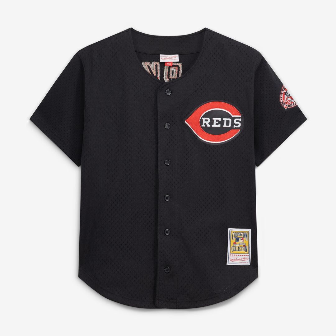 Cincinnati Reds Barry Larkin Mitchell & Ness Cooperstown Mesh Batting Practice Button - Up Jersey - Black