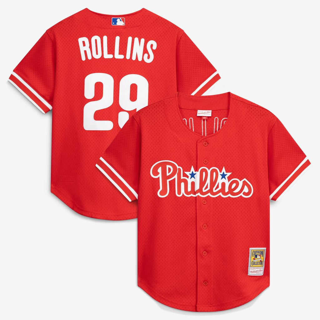Philadelphia Phillies Jimmy Rollins Mitchell & Ness Cooperstown Mesh Batting Practice Button - Up Jersey - Red