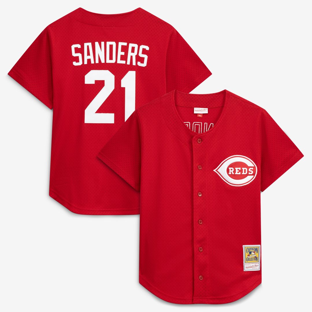 Cincinnati Reds Deion Sanders Mitchell & Ness Cooperstown Mesh Batting Practice Button - Up Jersey - Red