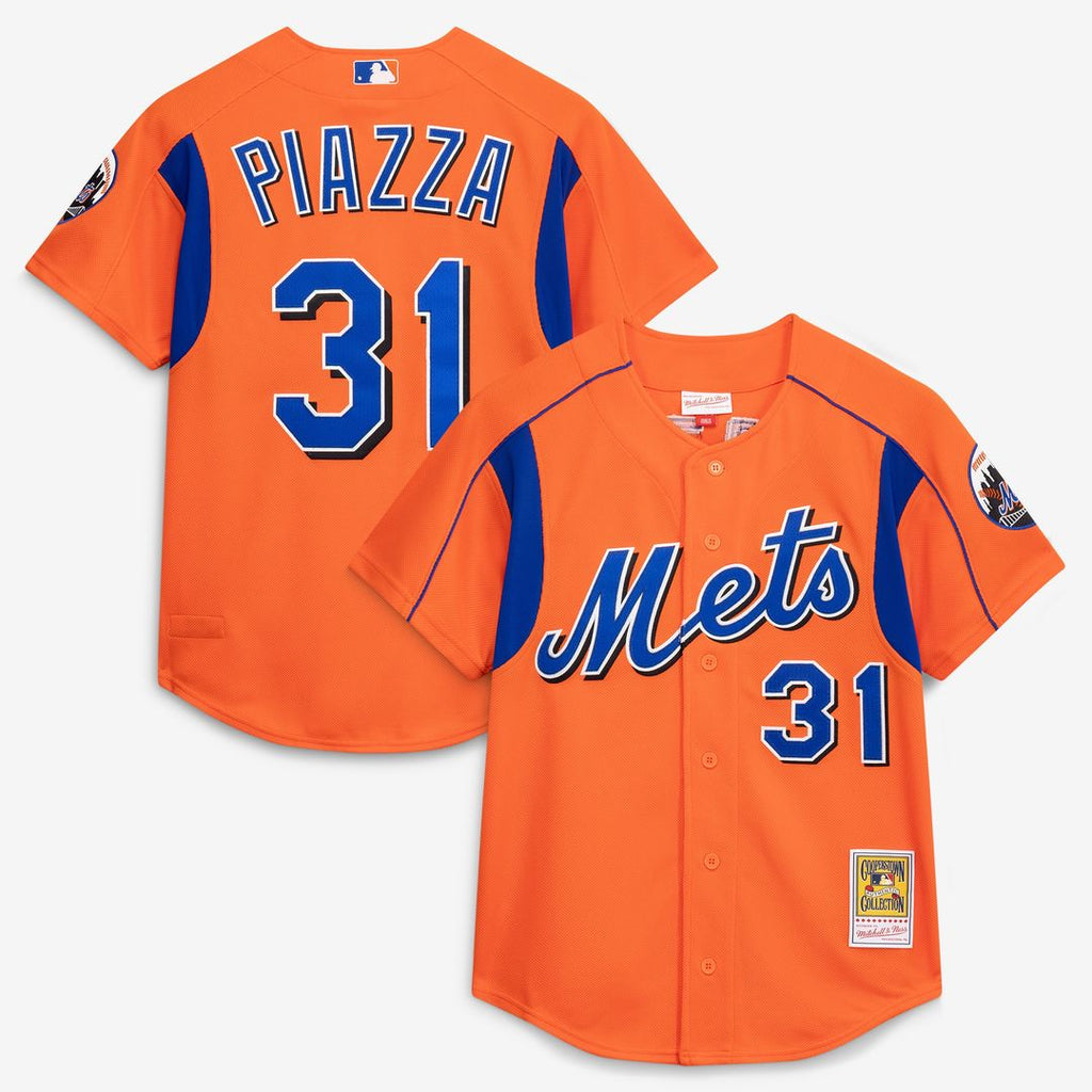 New York Mets Mike Piazza Mitchell & Ness Cooperstown Mesh Batting Practice Button - Up Jersey - Orange