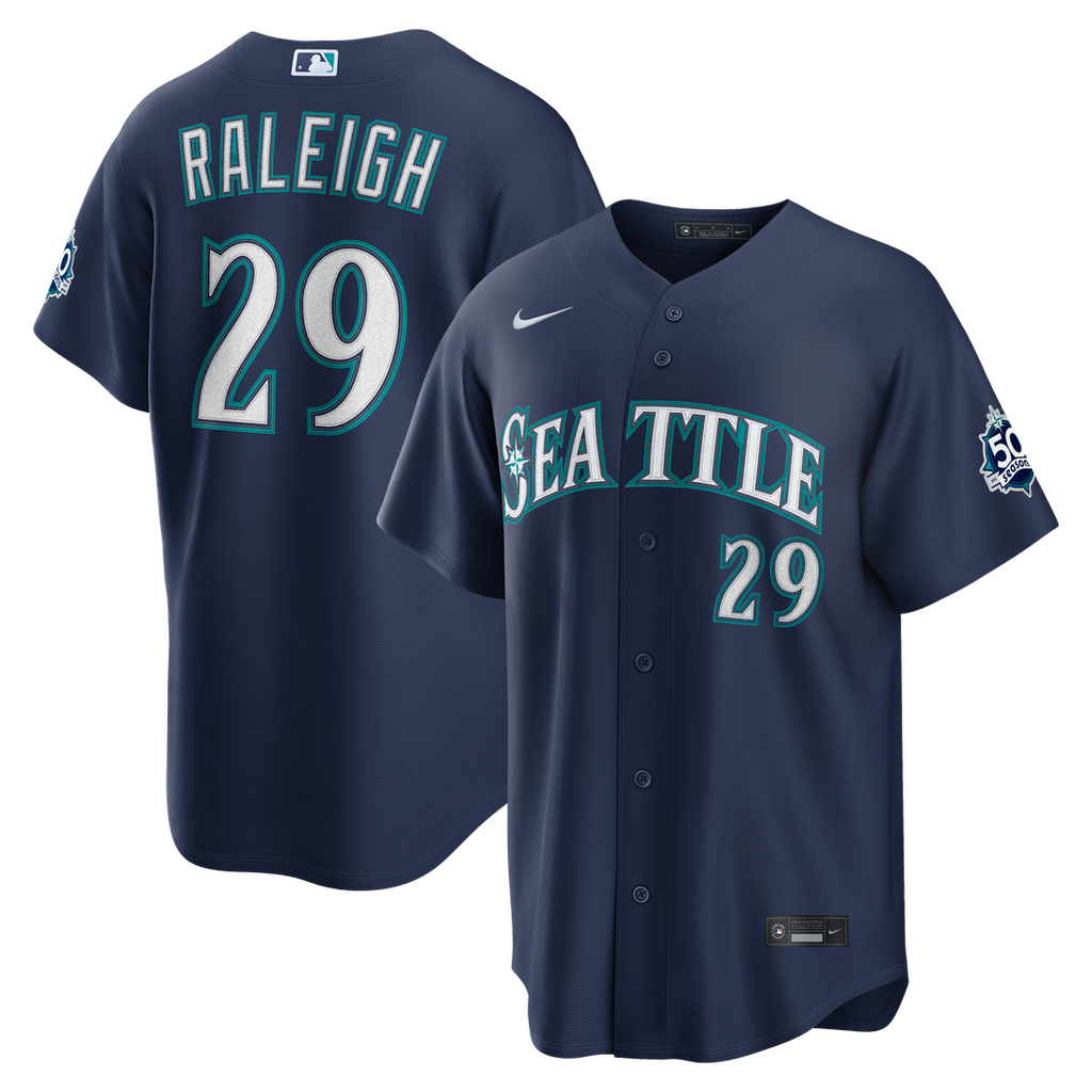 Seattle Mariners Cal Raleigh Nike Road Stadium 50th Season Patch Jersey - Navy
