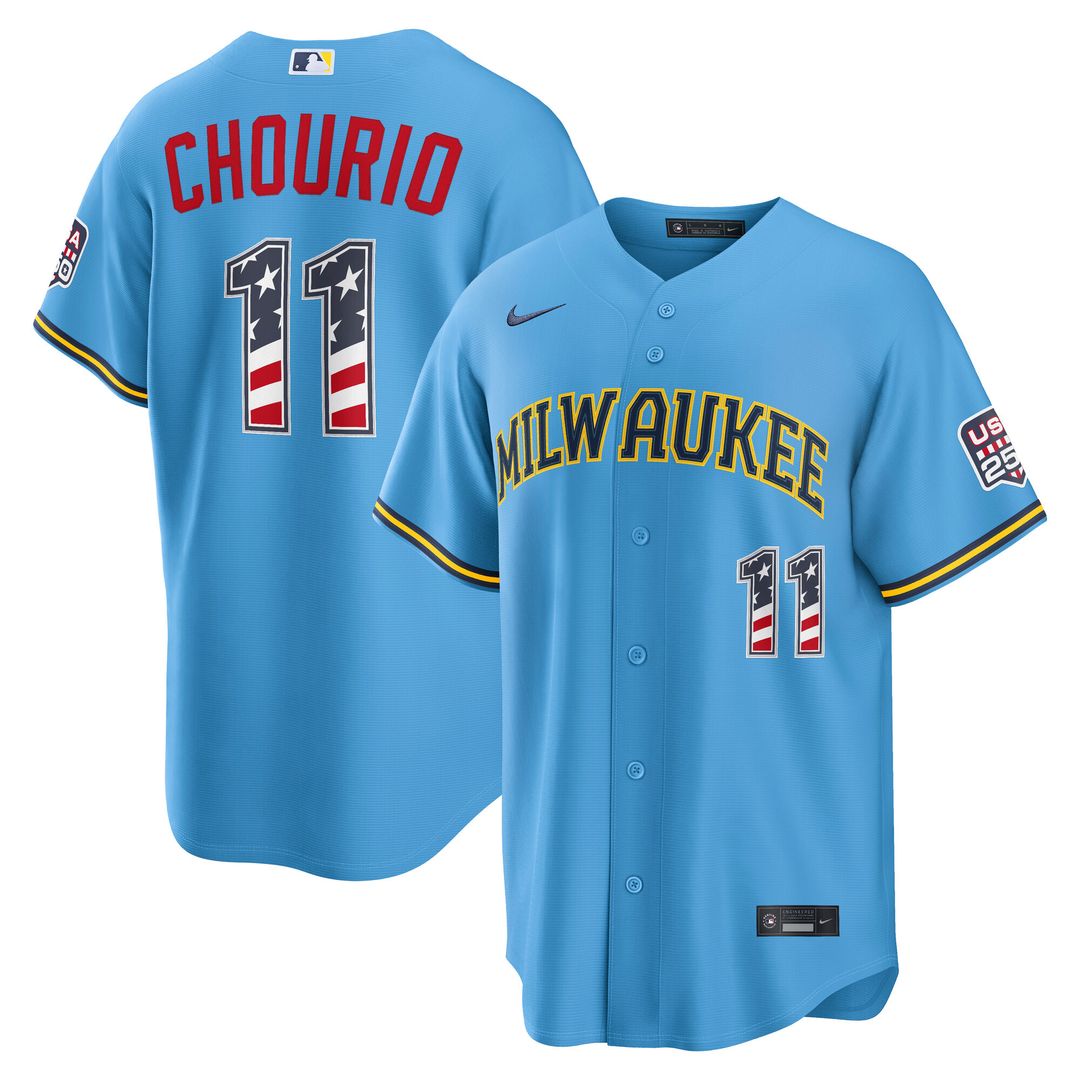 Milwaukee Brewers Jackson Chourio Nike USA 250 Fourth of July Road Stadium Jersey - Light Blue